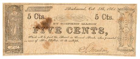 1864 5 Cents Obsolete Scrip, Virginia: 1864 5 Cents Obsolete Scrip, VirginiaEstimate: $75
