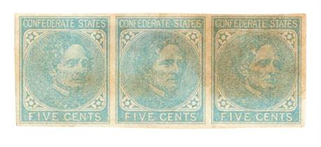 Uncut Sheet of 3 Confederate 5 Cent Stamps: Uncut Sheet of 3 Confederate 5 Cent StampsEstimate: $150