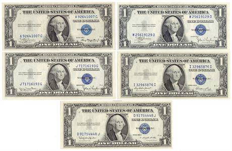Group of 5 1935 A, C, D, E, H $1 Silver Certificates: Group of 5 1935 A, C, D, E, H $1 Silver CertificatesEstimate: $100