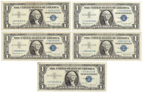Group of 5 1957-B* $1 Silver Certificate Star Notes: Group of 5 1957-B* $1 Silver Certificate Star NotesEstimate: $30