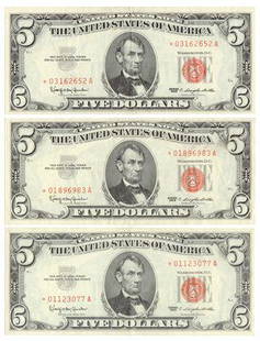 Group of 3 Fr.1536* 1963 $5 Legal Tender Star Notes: Group of 3 Fr.1536* 1963 $5 Legal Tender Star NotesEstimate: $100