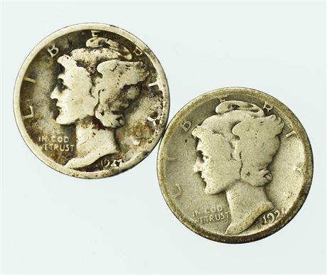 Group of 2 Circulated Mercury Dimes 1921 and 1921-D (1 of 2)