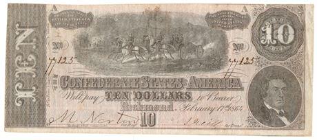 Type 68. 1864 $10 Confederate Note: Type 68. 1864 $10 Confederate Note Estimate: $40