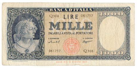 Italy P#88c 1947 Banca D'Italia 1,000 Lire Note: Italy P#88c 1947 Banca D'Italia 1,000 Lire Note August 14th, 1947. Signatures Menichella and Boggione Estimate: $30