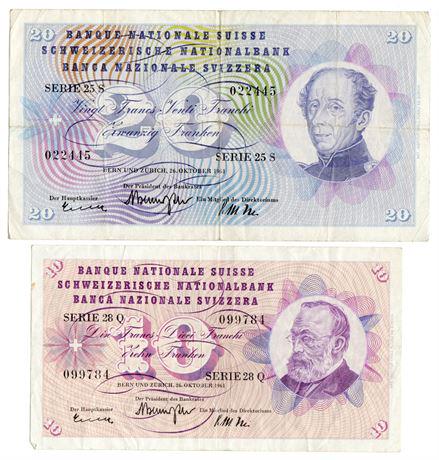 Switzerland 1961 10 & 20 Francs 2 Notes (1 of 2)