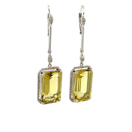 Sterling Silver Drop Earrings w Large Lemon Quartz and Diamonds Estate: Sterling Silver Drop Earrings w Large Lemon Quartz and Diamonds Estate, ~2.5" long Estimate: $250