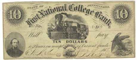 PA 1867 First Nat'l College Bank $10 Obsolete Note (1 of 2)