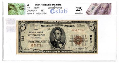 1929 $5 First National Bank at Pittsburgh, PA National Bank Note (1 of 2)