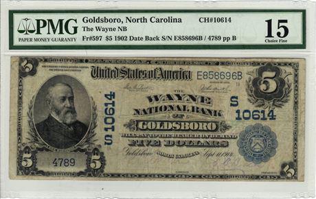 Fr597 1902 $5 Date Back Nat'l Bank Note Ch#10614 Wayne NB Goldsboro NC PMG F-15 (1 of 2)
