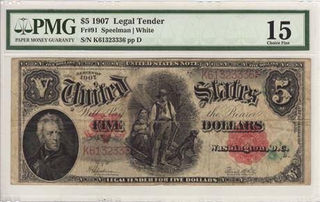 Fr.91 1907 $5 Legal Tender Note Speelman | White PMG F-15 #1193339-005 (1 of 2)