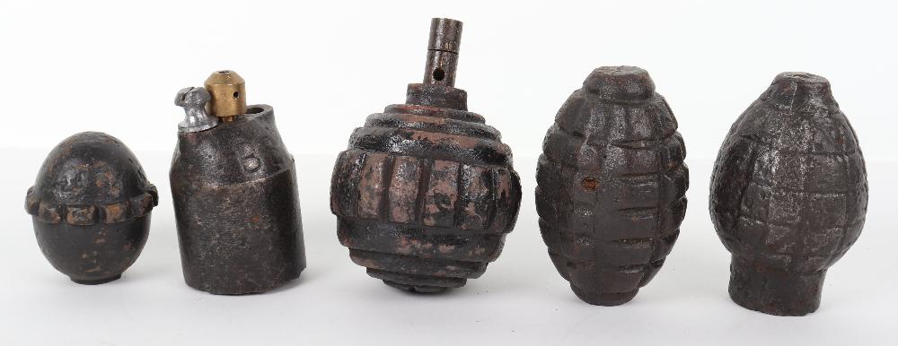 Inert WW1 German Model 1915 (Kugel) Ball Grenade: Inert WW1 German Model 1915 (Kugel) Ball Grenade, complete with screw-in fuse. Inert Imperial German Model 1917 Egg Grenade; WW1 French Viven Bessiere rifle grenade and two other WW1 grenades. All bei