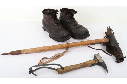 German Mountain Troops Grouping: German Mountain Troops Grouping, consisting of a pair of the short pattern brown leather ankle boots with hobnail fittings to the soles. Accompanied by two types of mountain troops axes.