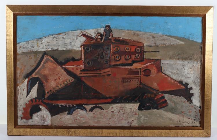 Oil Painting, Hans Schwarz (1922-2003), Abandoned Tank on Firing Range: Oil Painting, Hans Schwarz (1922-2003), Abandoned Tank on Firing Range, fine original oil painting said to be of the Austrian artists son sitting on an abandoned tank on a army firing range in Wales 1