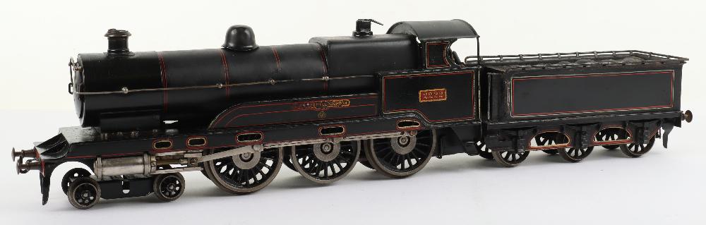 Bing for Basett-Lowke gauge 1 live steam LNWR 4-6-0 ‘Sir Gilbert Claughton’ locomotive: Bing for Basett-Lowke gauge 1 live steam LNWR 4-6-0 ‘Sir Gilbert Claughton’ locomotive and tender, engine No.2222 and six-wheel tender finished in black lined livery, with twin outside cyl