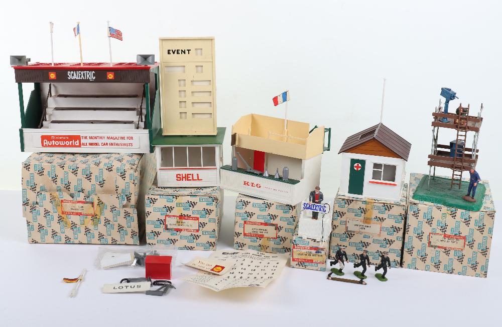 Vintage Boxed Scalextric Buildings and Accessories: Vintage Boxed Scalextric Buildings and Accessories, including: A 201 Event Board and hut, A/203 Owners Stand and Pit, A/209 Grandstand, F/302 Tv Camera and crew, F/303 Starter on rostrum, A/211 First