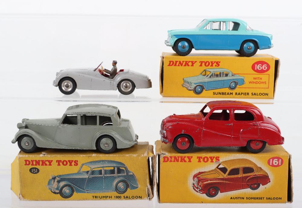Four Dinky Toys Cars: Four Dinky Toys Cars, boxed 151 Triumph 1800 Saloon, grey body/wheel hubs, box is poor, with one end flap missing, 161 Austin Somerset saloon, red body, in two tone yellow/red box, 166 Sunbeam Rapier