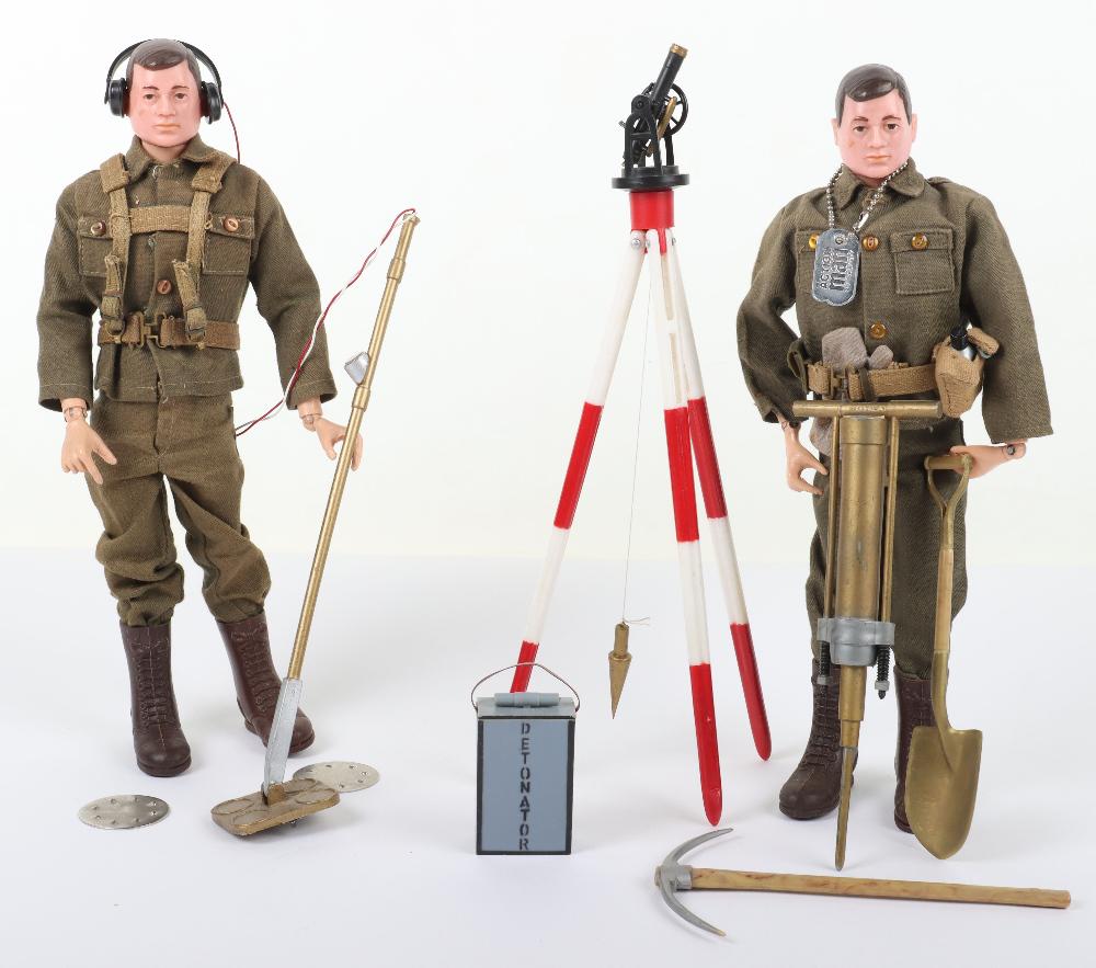 Vintage Action Man Construction Engineer: Vintage Action Man Construction Engineer, on a good used brown hair painted doll, Identity tag, with pick axe, shovel, detonator, spring loaded jack hammer (missing one glove and construction helmet)