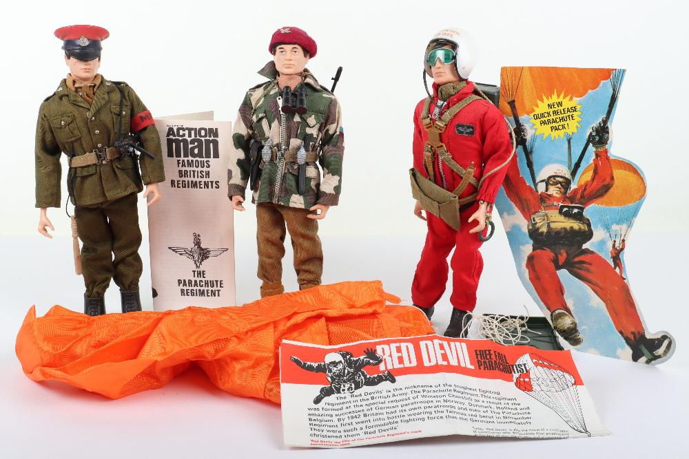 Three Vintage Action Man Dressed Figures: Three Vintage Action Man Dressed Figures, Red Devil Parachutist, complete, orange parachute, on black painted head doll, L68 instruction leaflet, artwork illustration from original box, The Parachute