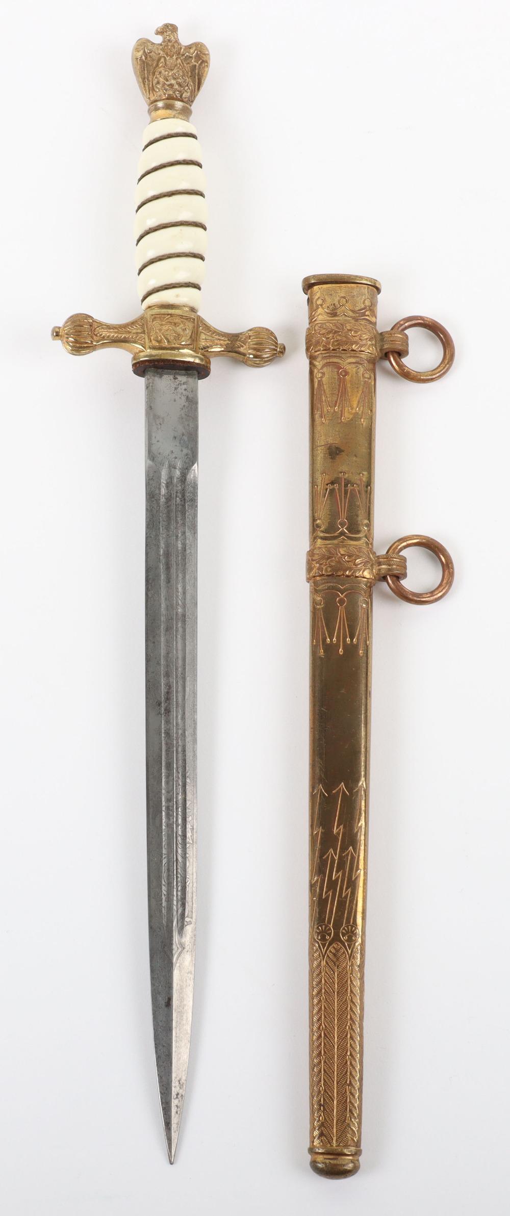 WW2 German Kriegsmarine Officers Dress Dagger by F W Holler Solingen: WW2 German Kriegsmarine Officers Dress Dagger by F W Holler Solingen, fine example with white celluloid grip having wire binding. Gilt eagle pommel with swastika to the centre. Standard cross guard wi