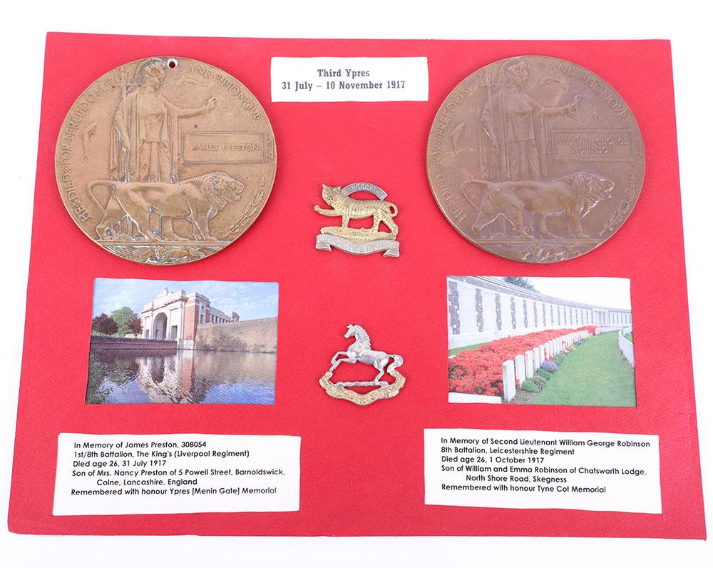 Pair of WW1 British Memorial Plaques: Pair of WW1 British Memorial Plaques, both being bronze memorial plaques mounted on a display board with regimental cap badges, plaques awarded to ‘JAMES PRESTON’ and ‘WILLIAM GEORGE ROBINSON’