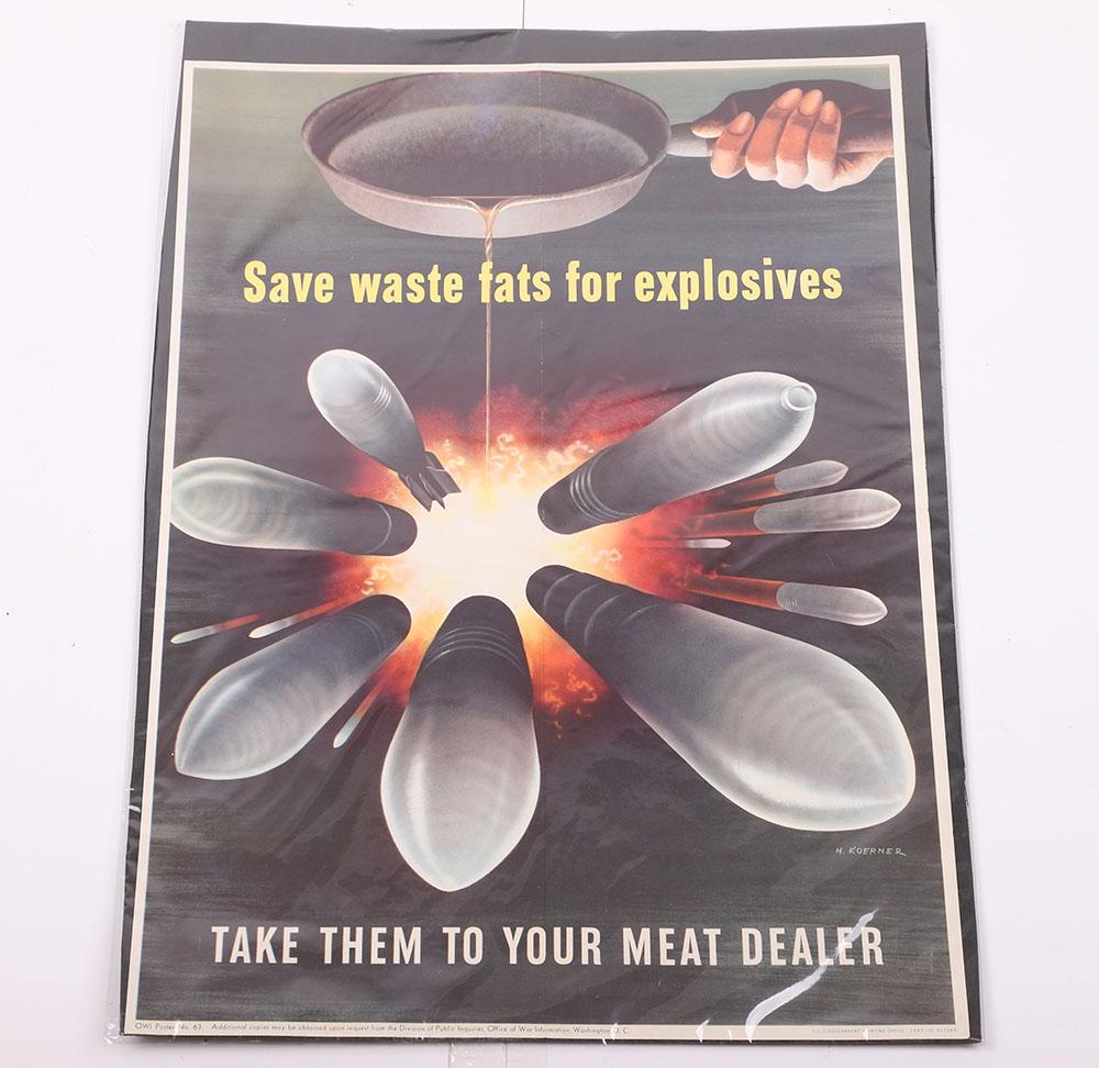 WW2 American Home Front Poster Save Waste Fats for Explosives: WW2 American Home Front Poster Save Waste Fats for Explosives, good example of the poster produced by the Office of Wartime Information (OWI), showing a frying pan dripping fat with an explosion below