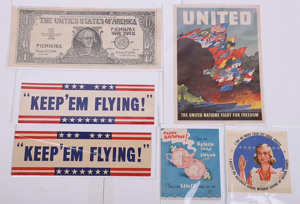 Grouping of WW2 American Home Front Posters and Propaganda Ephemera: Grouping of WW2 American Home Front Posters and Propaganda Ephemera, including a small bill poster ‘UNITED – THE UNITED NATIONS FIGHT FOR FREEDOM’ produced by the OWI (poster No79), US Army Recr