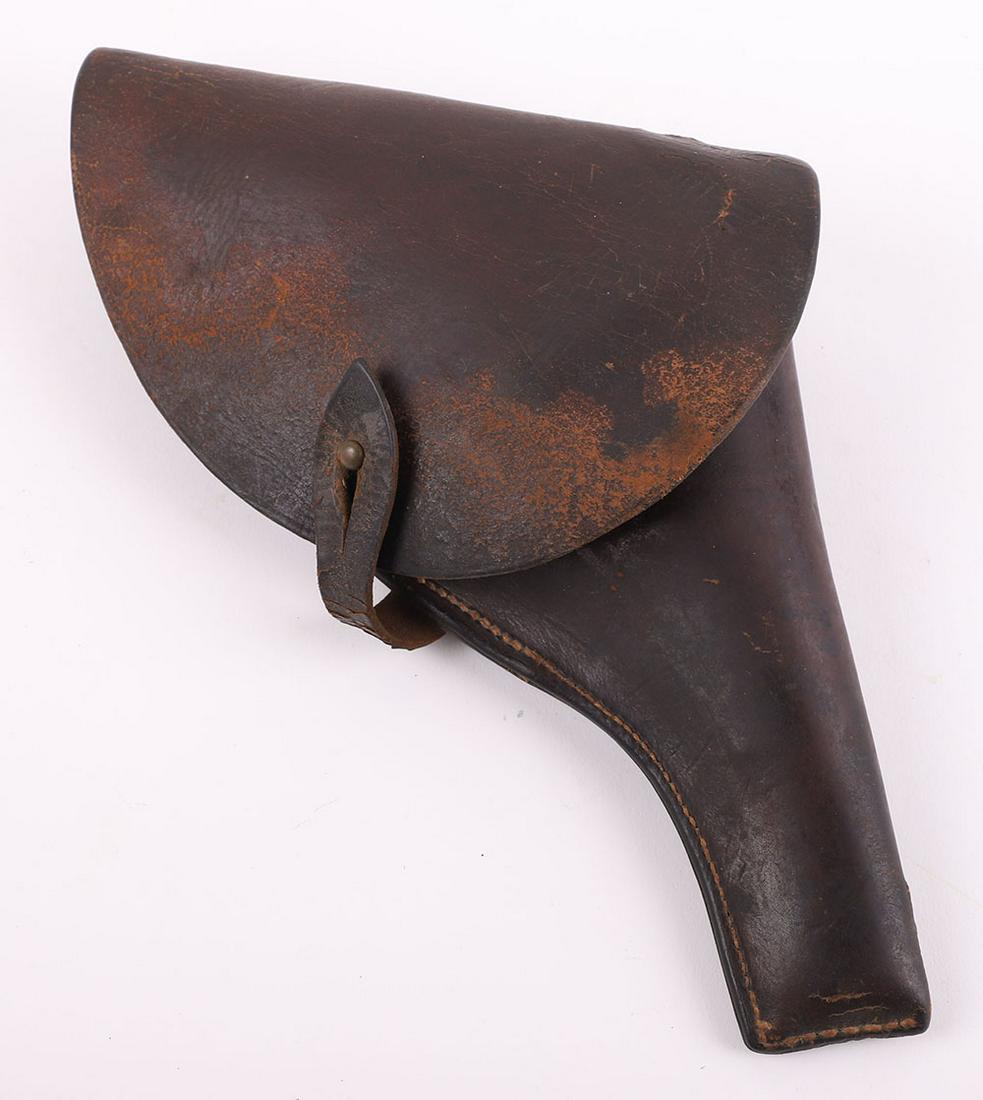 Russian Model 1912 Officers Nagant Revolver Holster: Russian Model 1912 Officers Nagant Revolver Holster, brown leather holster with the original leather securing strap and brass stud. Two large belt loops to the reverse. Under main flap is the small ad