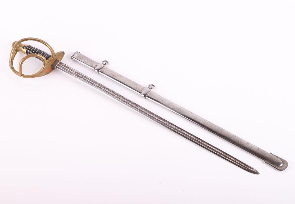 Imperial Russian Miniature 1810 Heavy Cavalry Sabre: Imperial Russian Miniature 1810 Heavy Cavalry Sabre, interesting miniature with large swept brass hilt, leather bound grip with wire. Plated scabbard with two hanging rings. Single edged straight blad