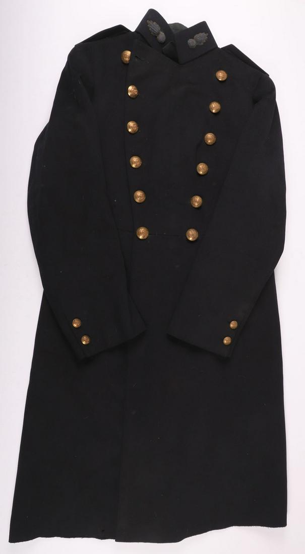 British Edward VII Royal Engineers Officers Frock Coat: British Edward VII Royal Engineers Officers Frock Coat, navy blue double breasted frock coat with double row of regimental tunic buttons. Bullion embroidered flaming grenade collar badges. Bullion emb