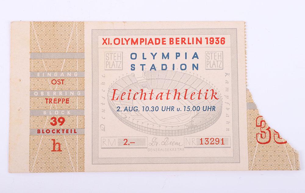 Original Ticket for 1936 Berlin Summer Olympics: Original Ticket for 1936 Berlin Summer Olympics, the ticket is for Track and Field events held at the Olympic Stadium in Berlin on 2nd August between 10:30-15:00. Area of paper loss to one side. Map o