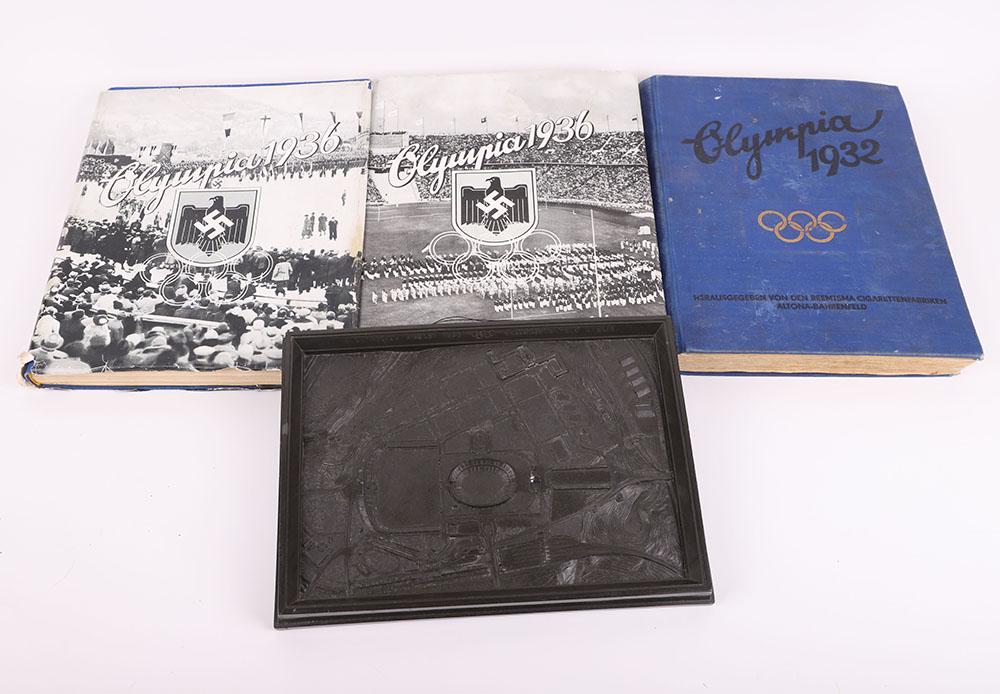 German 1932 and Berlin 1936 Olympic Games Items: German 1932 and Berlin 1936 Olympic Games Items, consisting of bakelite model of the Olympic grounds around Berlin, with a raised rim having ‘XI OLYMPIADE AUGUST 1936’ Olympic Rings and then ‘RE