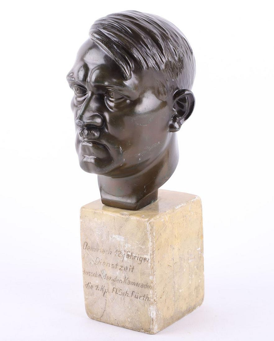 Third Reich Adolf Hitler Luftwaffe Flying School Presentation Table Bust: Third Reich Adolf Hitler Luftwaffe Flying School Presentation Table Bust, fine bronzed head of the German leader mounted onto a polished stone plinth engraved with presentation to the front, ‘ Dein