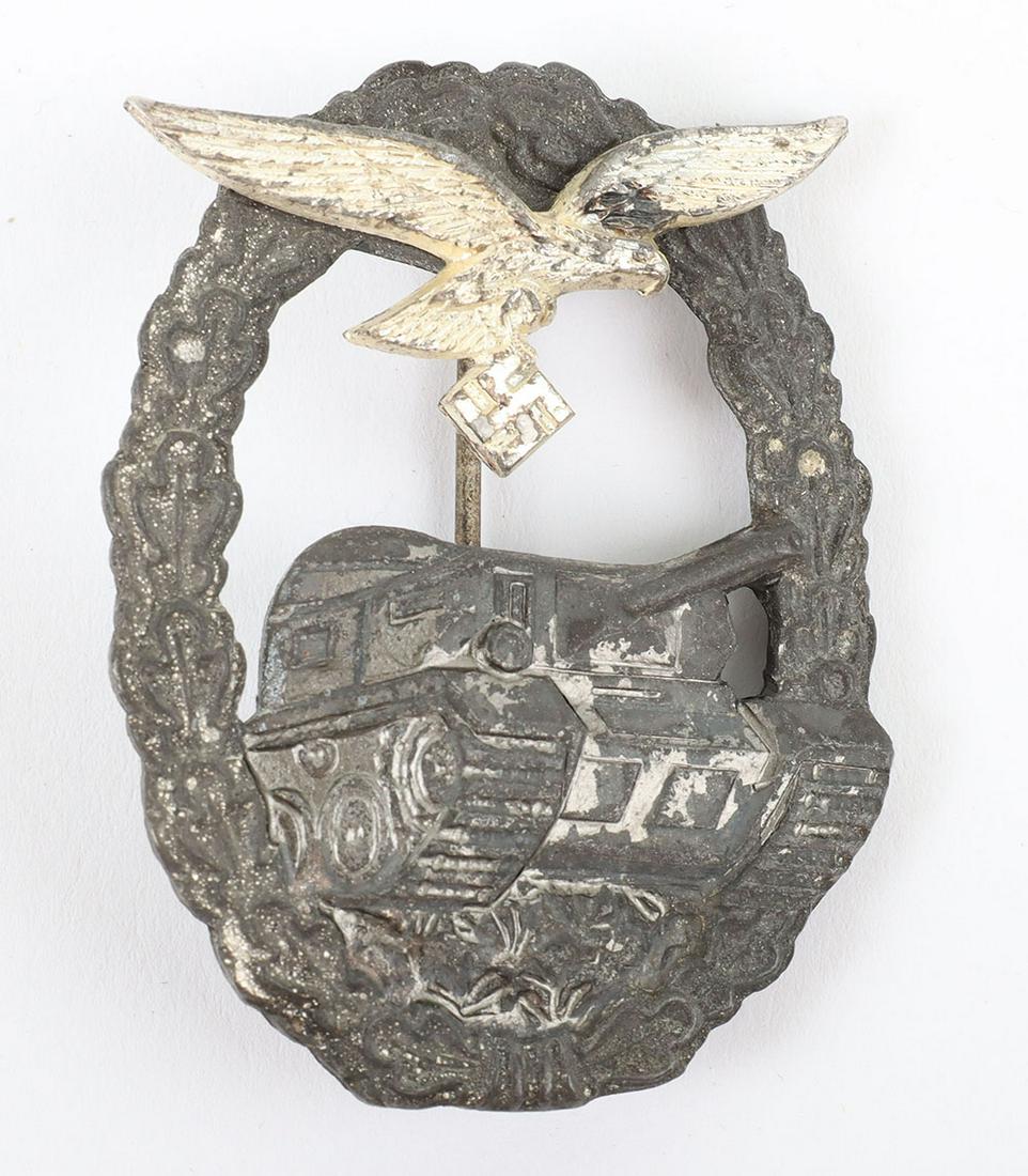 Luftwaffe Panzer Assault Badge of Rudolf Souval Type: Luftwaffe Panzer Assault Badge of Rudolf Souval Type, good example of the tank battle badge awarded to Luftwaffe Herman Goring Panzer division units. Award is complete with the pin and catch fixing to