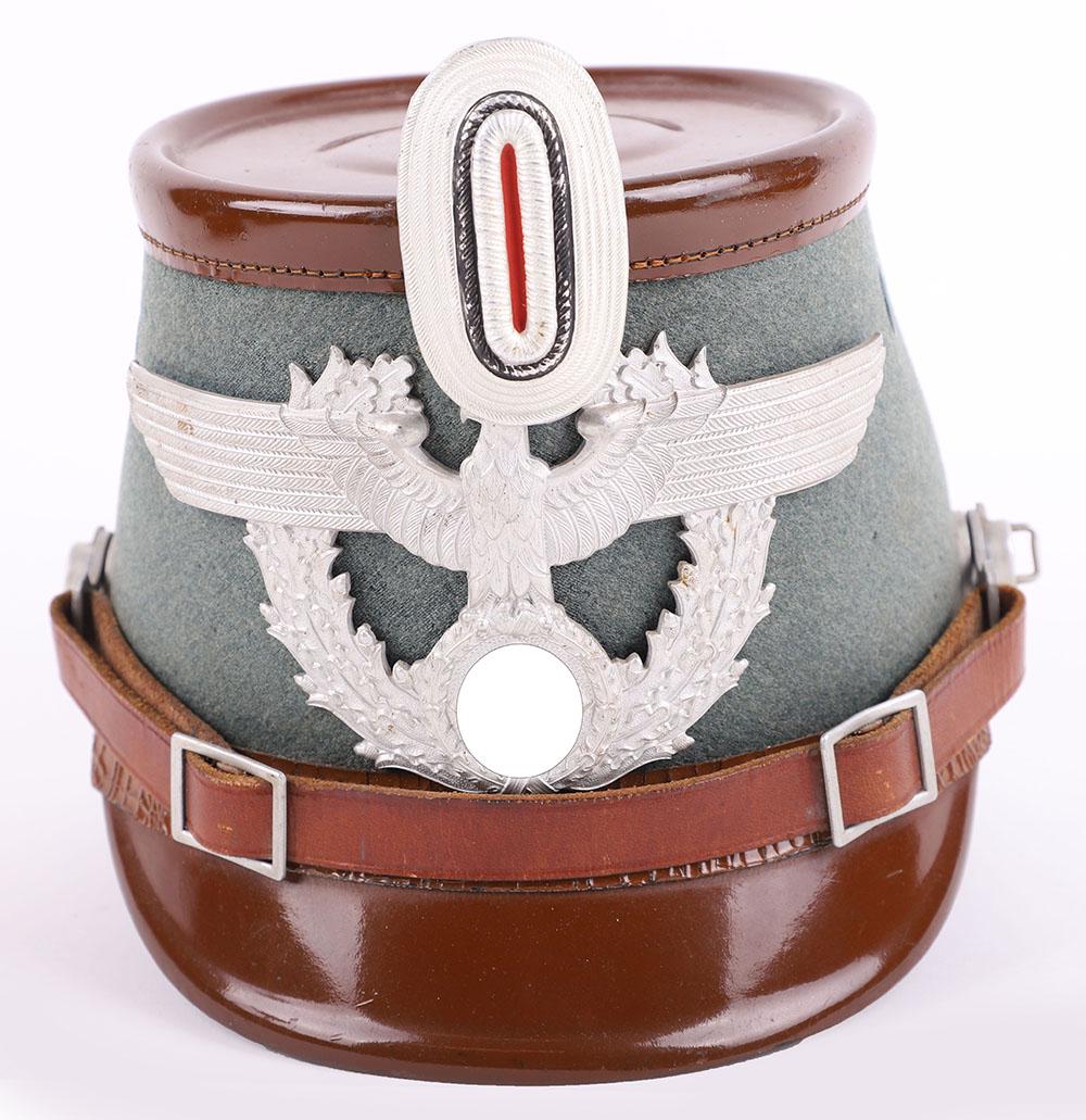 Third Reich Rural Police Enlisted Ranks Shako: Third Reich Rural Police Enlisted Ranks Shako, fine example of the standard pattern Vulcan fibre shako with green felt covering. Brown top and peaks signifying service with the rural section of the Ge