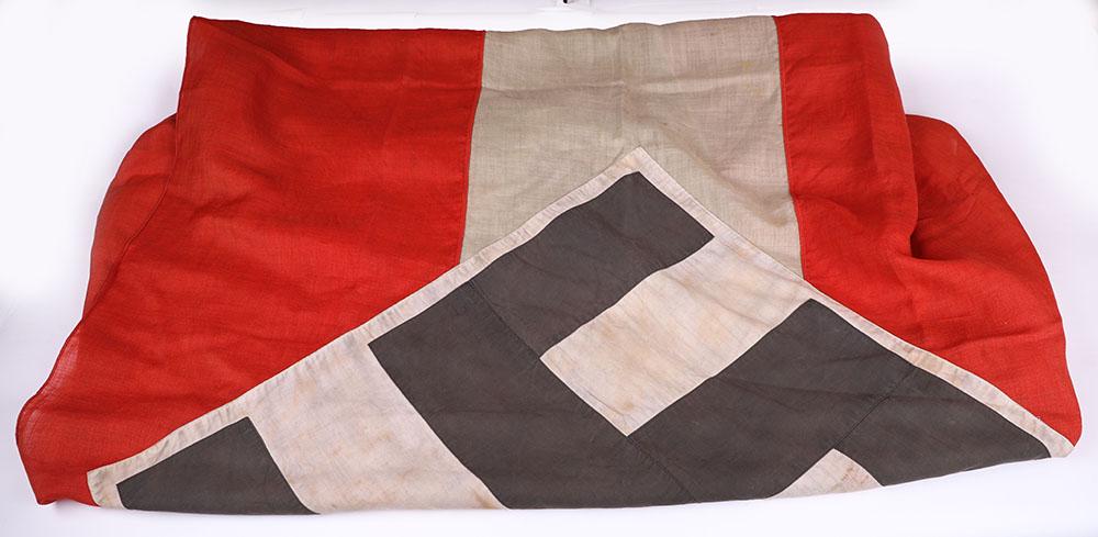 Third Reich Hitler Youth Flag: Third Reich Hitler Youth Flag, good example of a Hitler Youth barrack flag with an enforced edge having metal clip fixings. Red / white / red cotton with black printed multipiece diamond on white adde