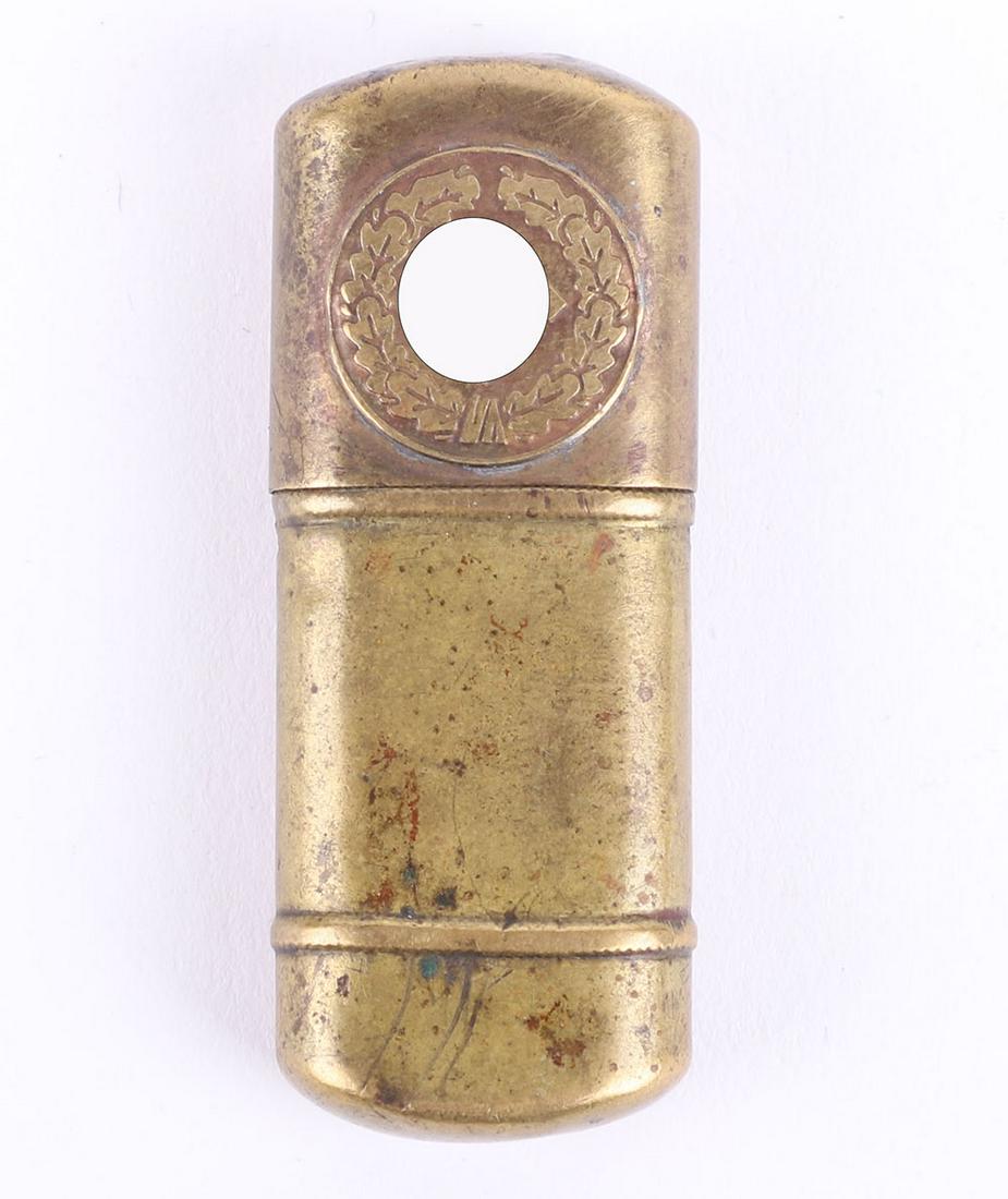 Third Reich Patriotic Lighter: Third Reich Patriotic Lighter, small brass cased lighter with the lid having central NSDAP swastika within oakleaf wreath.