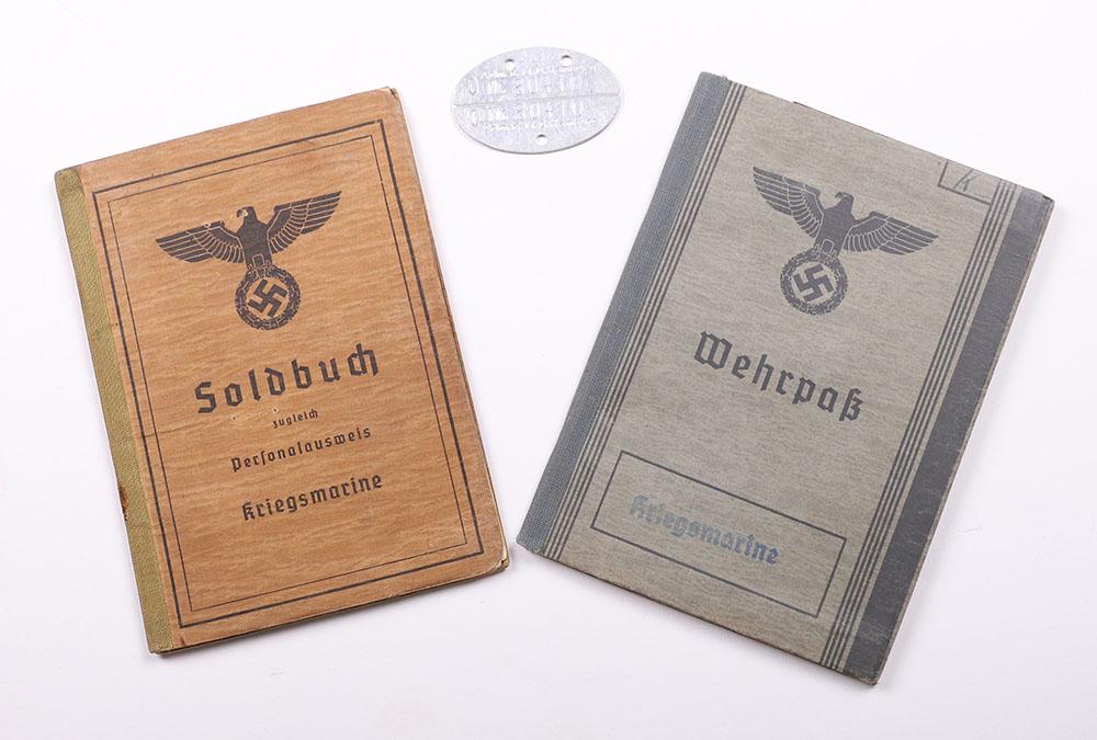 WW2 German Kriegsmarine 1944 Casualty Soldbuch: WW2 German Kriegsmarine 1944 Casualty Soldbuch, issued to Martin Druer of Hofenschutz-Flotilla Jiumiden. He was awarded the Iron Cross 2nd class and the Minesweepers award. Uniform photograph to the i