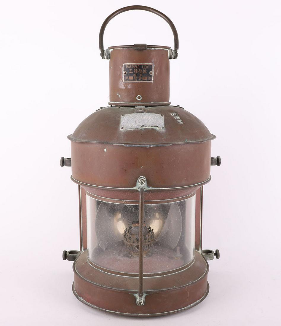 WW2 Imperial Japanese Navy (IJN) Ships Masthead Light: WW2 Imperial Japanese Navy (IJN) Ships Masthead Light, fine example of a Japanese navy copper and glass large ships masthead lantern light with blackened copper plaque to the top and stamped Japanese 