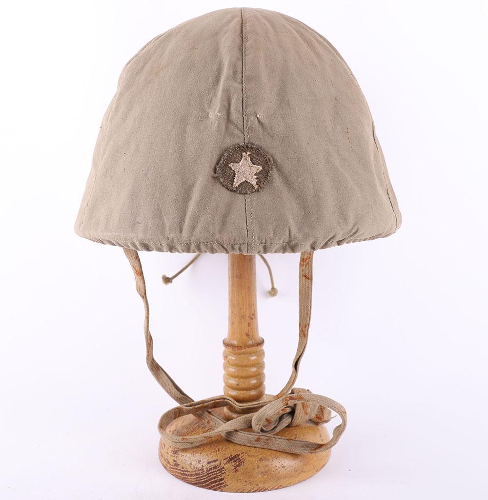 WW2 Japanese Army Type 90 Steel Combat Helmet with Original Helmet Cover: WW2 Japanese Army Type 90 Steel Combat Helmet with Original Helmet Cover, superb example of an original WW2 Japanese army issue steel combat helmet which retains nearly all of the original brown comba