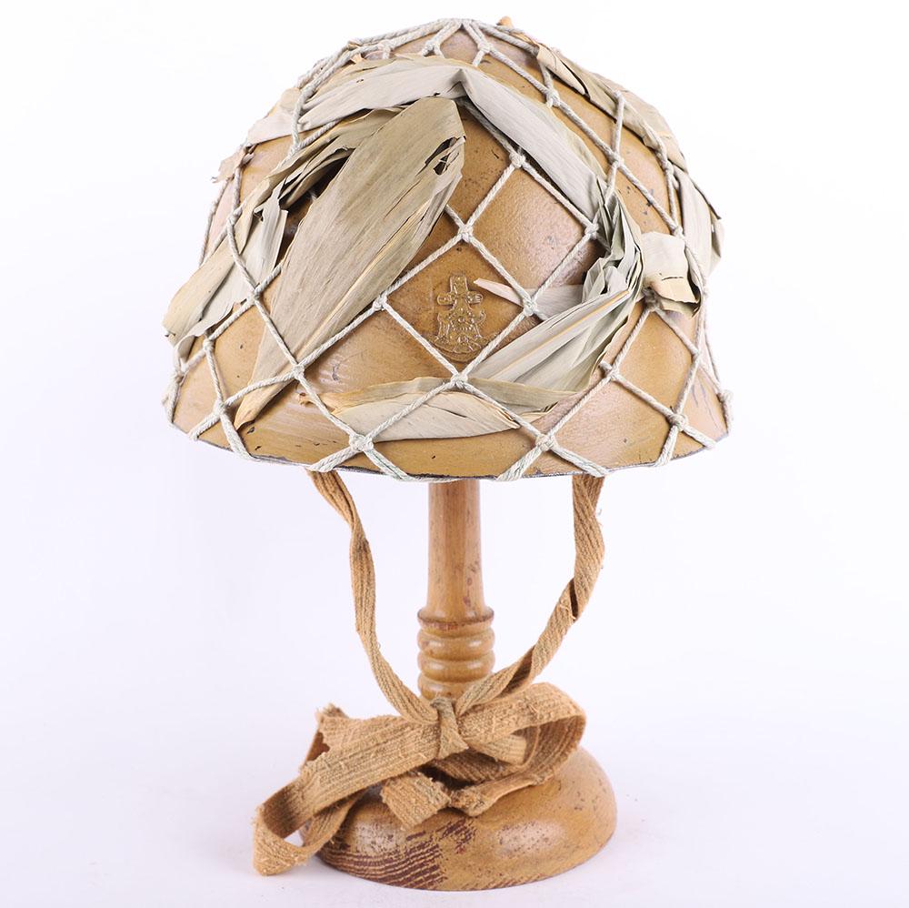 WW2 Japanese Naval / Marines Type 90 Steel Helmet: WW2 Japanese Naval / Marines Type 90 Steel Helmet, interesting helmet being a refurbished example of an original Japanese Type 90 steel helmet which has a Japanese naval metal helmet emblem fitted, a 