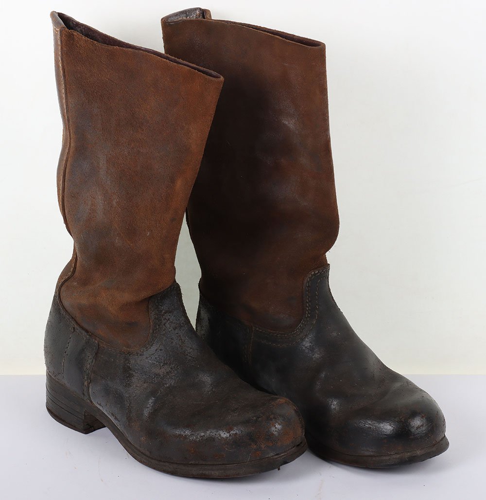 WW2 Style German Other Ranks Combat Boots: WW2 Style German Other Ranks Combat Boots, being the short pattern combat boots constructed with brown leather tops and black leather bottom sections. Appear to have the original soles, one coming loo