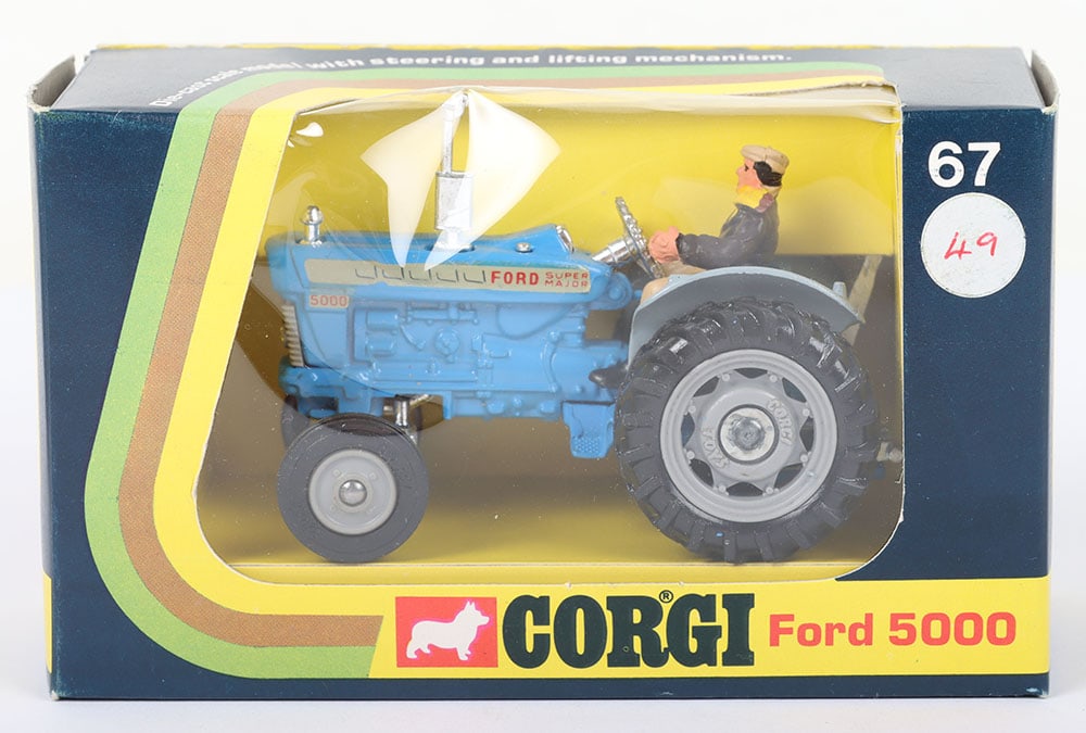 Corgi 67 Ford 5000 Super Major Tractor,: Corgi 67 Ford 5000 Super Major Tractor, blue/grey body, grey plastic wheels with driver, in original mint condition, with a scarce later issue window box, which is mint, vintage price label to front.