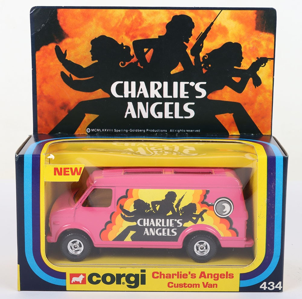 Corgi 434 Charlies Angels Custom Van: Corgi 434 Charlies Angels Custom Van, pink Chevrolet van, yellow interior, 4-spoke wheels, in mint boxed original condition. Est £50-£70 R£50 2-479