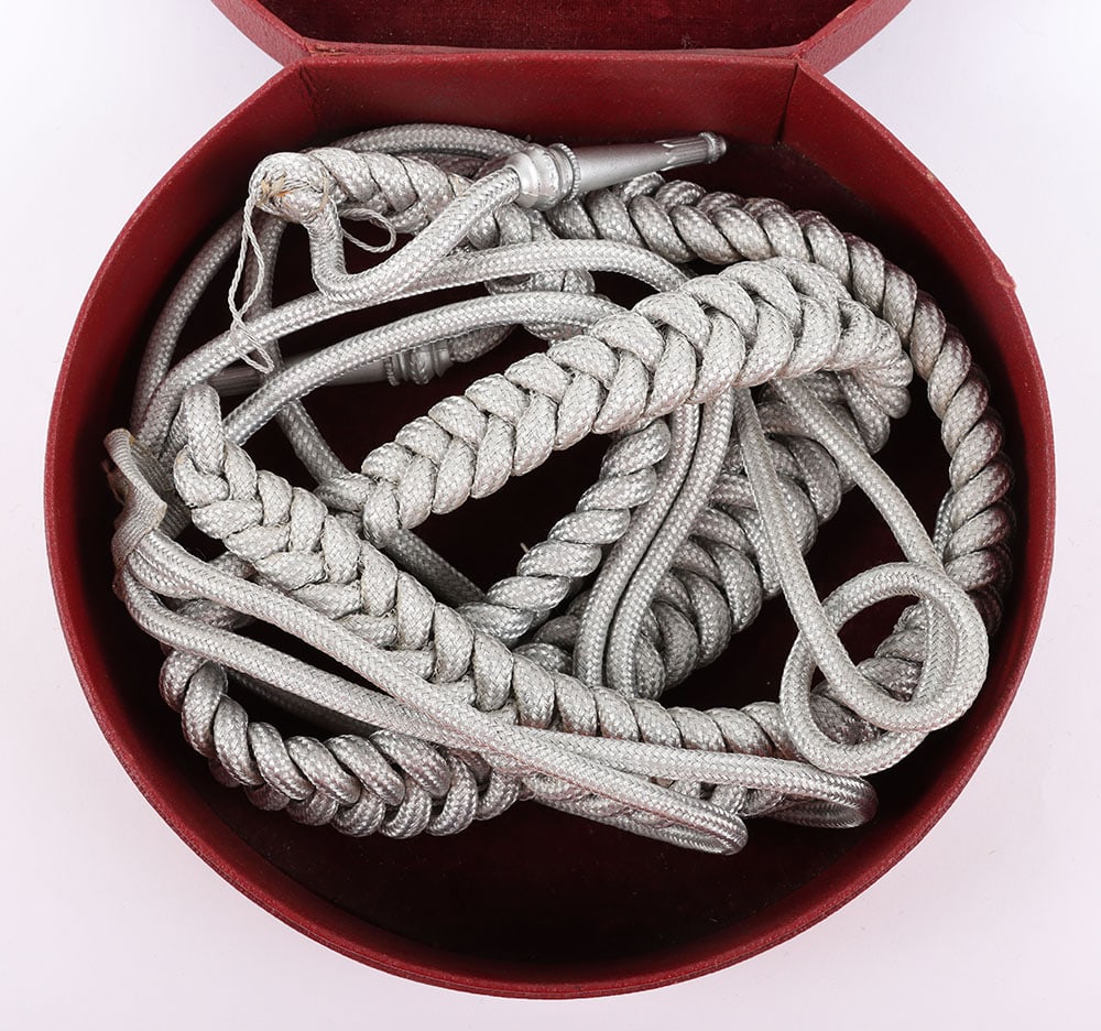 WW2 German Army Officers Full Dress Aiguillettes in Original Box of Issue: WW2 German Army Officers Full Dress Aiguillettes in Original Box of Issue, fine near mint condition set of officers silver wire cord dress aiguillettes housed in the maroon storage box.