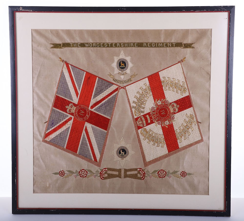 BRITISH BOAR WAR PERIOD REGIMENTAL EMBROIDERY OF THE ?WORCESTESHIRE REGIMENT?: BRITISH BOAR WAR PERIOD REGIMENTAL EMBROIDERY OF THE ?WORCESTESHIRE REGIMENT?, measures 22? x 21 ??, beautifully hand embroidered with cotton, silk, & bullion thread on a white silk field, the multi-c