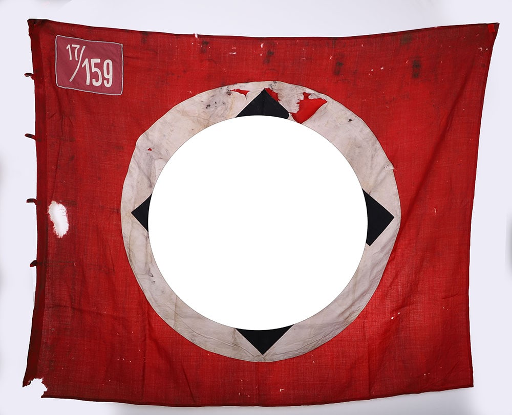 GERMAN SA FLAG / STANDARTE: GERMAN SA FLAG / STANDARTE, multi-piece construction, 56? x 46?, double-sided, has a wool body w/ a 2-piece cotton center, its 2 corner panels are 8 ?? x 6 ?? & are a pink doeskin w/ silver bullion pi