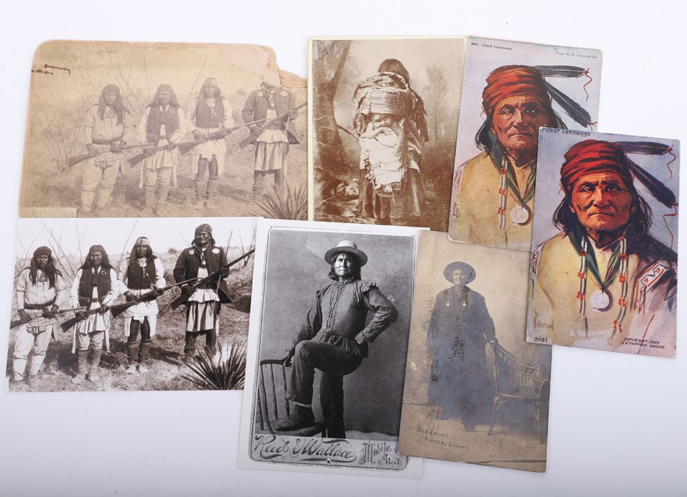 Lot of Geronimo related material: Lot of Geronimo related material including 2 1910’s era lithograph cards. 1 real photo post card by Canady. A cabinet card of one of Geronimo wives, of indeterminate age. And albumen photo on hard s