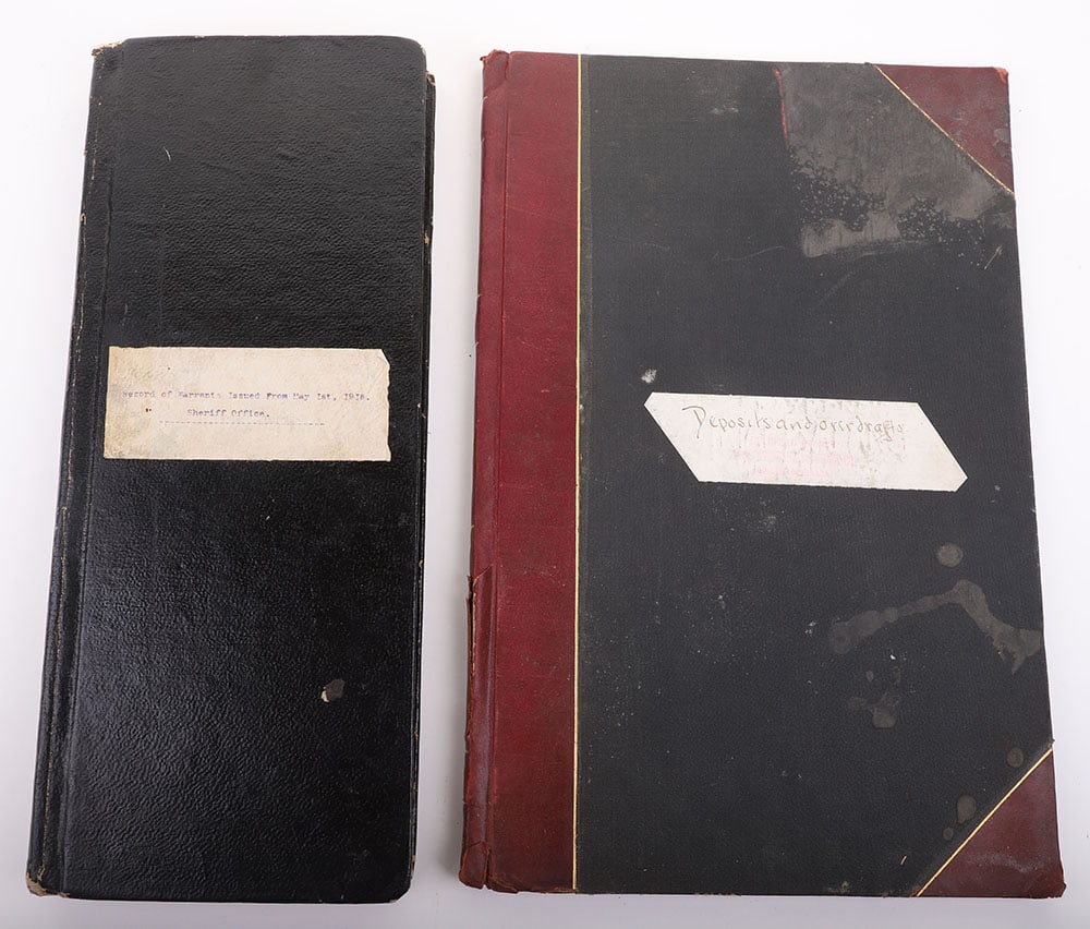 Lot of 2 ledgers pertaining to Goldfield Nevada: Lot of 2 ledgers pertaining to Goldfield Nevada. First is a log issued in May 1,1915 by the sheriff’s office. Second is a log dated 1904 for deposits and over drafts of the Goldfield Mining Company.