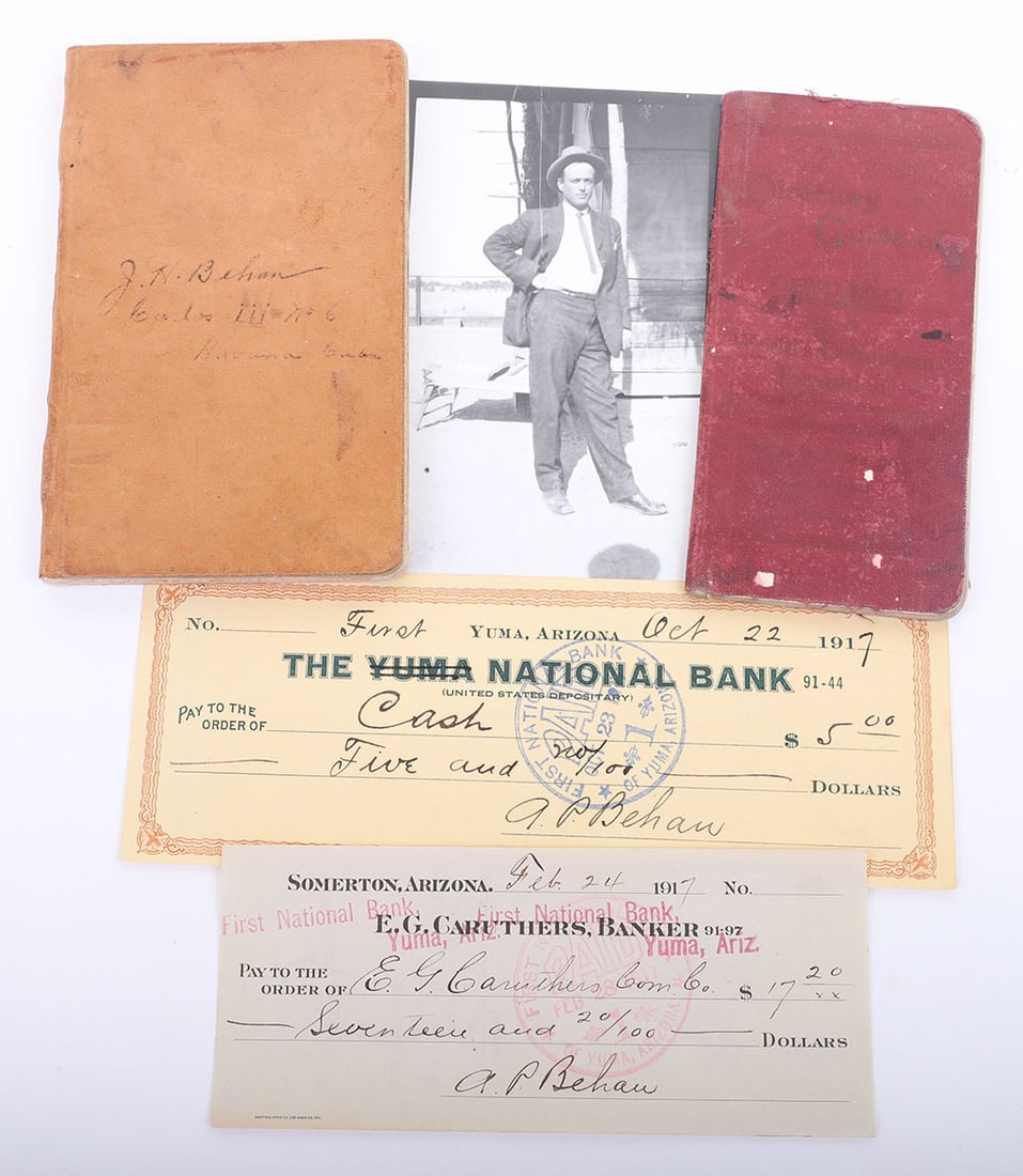2 period notebooks first belonging to James Earp: 2 period notebooks first belonging to James Earp dated 1893 and the second belonging John H. Behan Havana, Cuba. And 2 period checks with one written to John Behan.
