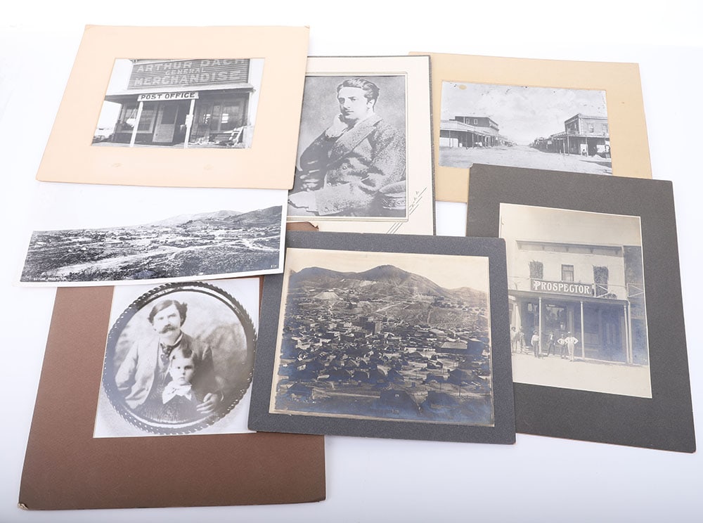 7 pieces of photography including modern copy shots of Earp associates and Tombstone Arizona: 7 pieces of photography including modern copy shots of Earp associates and Tombstone Arizona. And 2 original albumen prints, one being of the Prospector Saloon circa 1890 and the other an elevated vie